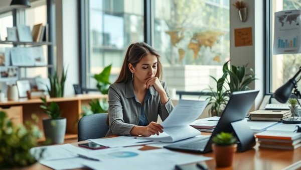 Focused woman planning steps to start a business in modern office