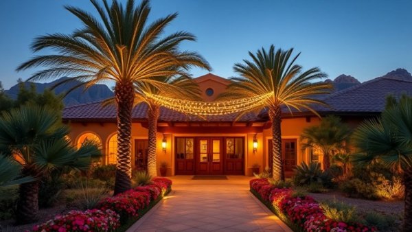 Charming Arizona spa retreat entrance under twilight with palm trees.