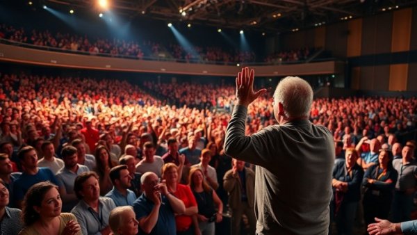 Speaker inspiring audience on business growth strategies at a large event.