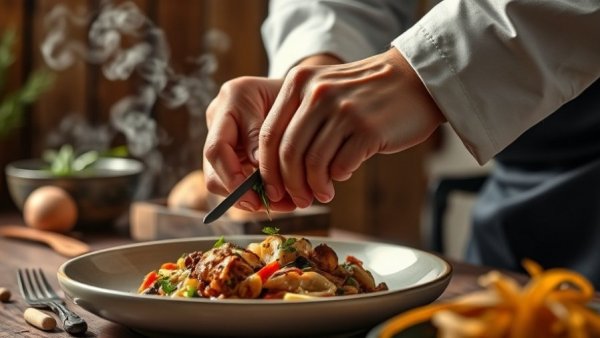 Chef garnishing dish at North Yorkshire food destination, rustic setting.