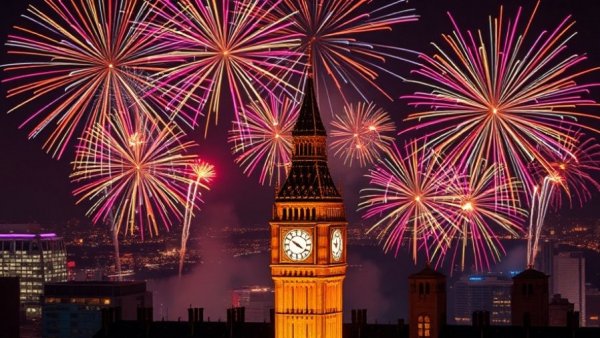Vibrant New Year fireworks above iconic clock tower celebrating New Year.