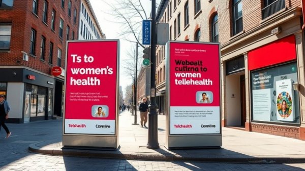 Women's telehealth company street advertisement in urban setting.