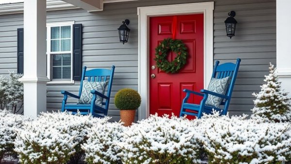 Winter curb appeal with red door and snowy porch.