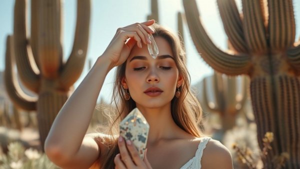 Metaphysical wellness travel trend in a desert setting with cacti.