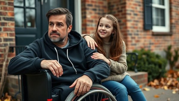 Man in wheelchair with supportive young girl outside brick house.