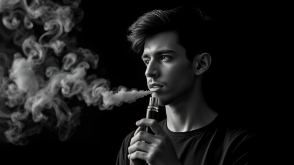 Young man vaping with prefilled pod kits in the UK, dense smoke cloud.