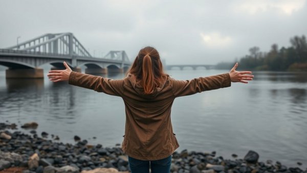 Exploring the Thames River in Connecticut, woman enjoys foggy scenery.