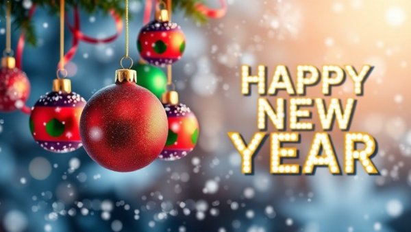 Festive New Year ornaments and 'Happy New Year' text.