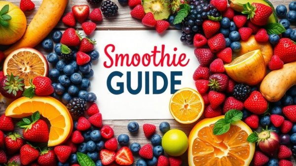Colorful fruit display with smoothie guide for home remedies when you’re sick.