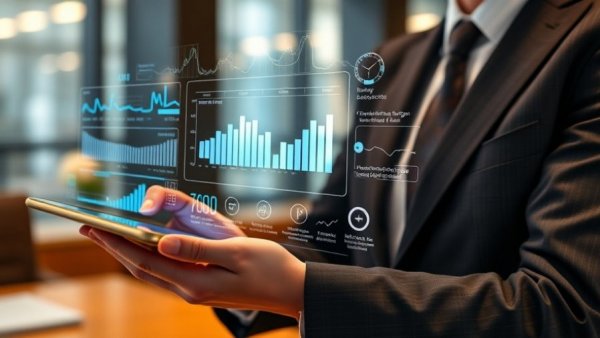 Professional analyzing data on tablet with virtual interface in Toronto office.