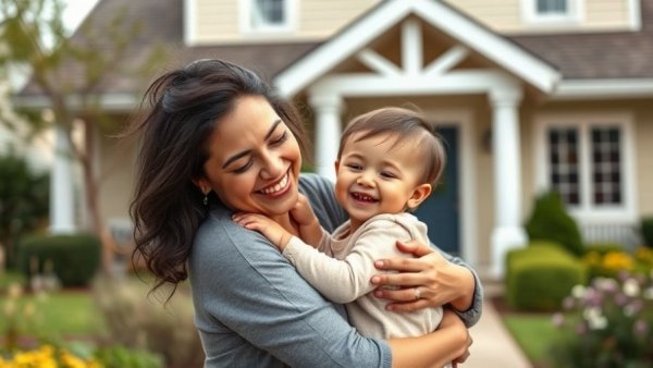 Joyful mother and child embrace in front of home, highlighting Fannie Mae Freddie Mac low-income homebuyer goals.