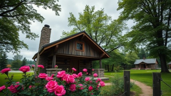 Scenic Parks for Photography in Connecticut: rustic cabin and vibrant flowers