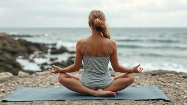 Serene woman meditating by the sea, redefining self-care, photorealistic.
