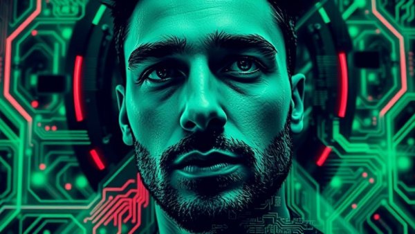 AI dangers mental health: Surreal digital collage in neon green and monochrome.