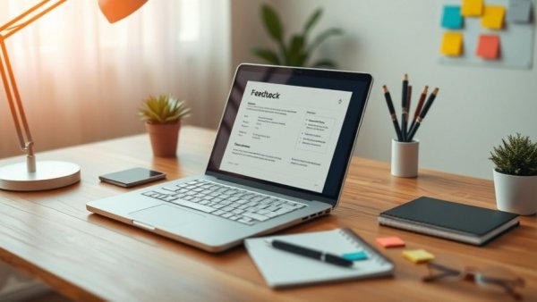 Desk with laptop and feedback survey, Creating an Effective Client Feedback Survey setting.