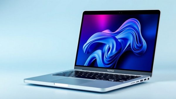 Refurbished MacBook Pro with vibrant display on a blue background.