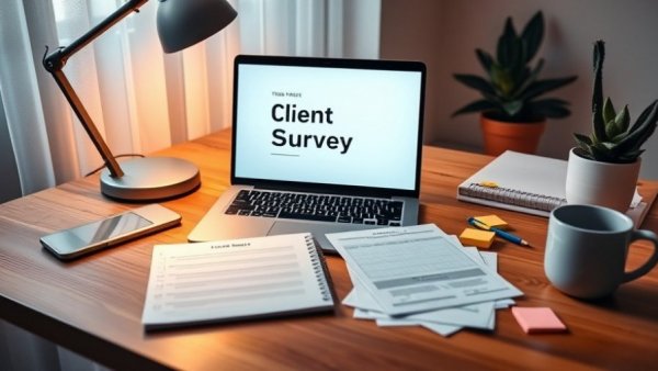 Organized workspace featuring laptop with client feedback survey template, surrounding notepad and documents.