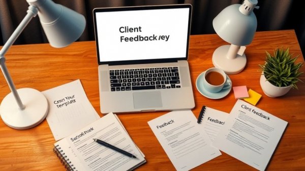 Effective Client Feedback Survey workspace setup with laptop and documents