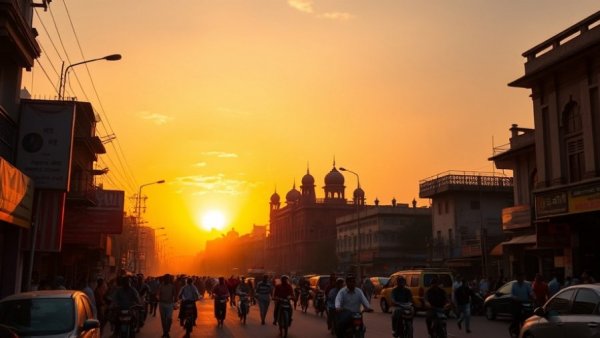 Sunset over Indian street with people and historic buildings.
