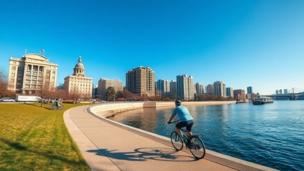 Cyclists on Tampa riverside path under clear sky.