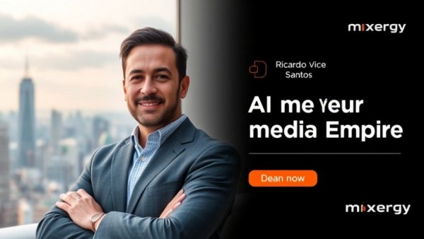 Digital media ad about AI media empire in an urban cityscape.