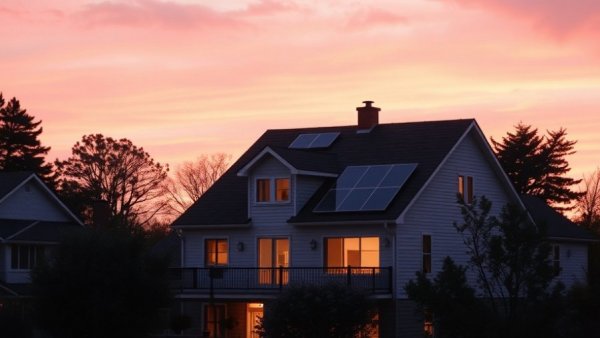 Suburban house with solar panels in soft morning light.