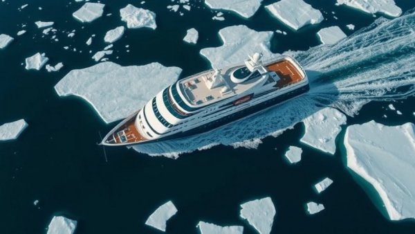 Aerial view of a cruise ship in icy landscape, best small ship cruises.
