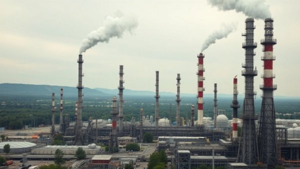 Venezuelan oil refinery under grey sky, smoke from towers