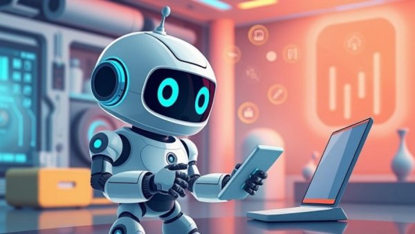 Cartoon robot exploring smart home technology, video doorbell vs security camera.