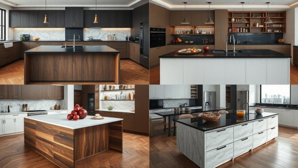 Various kitchen island design decisions featuring modern styles.