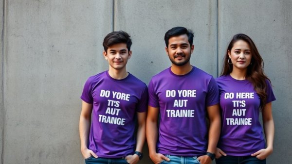 Confident individuals in purple 'Hire Artisans' t-shirts against a concrete wall.