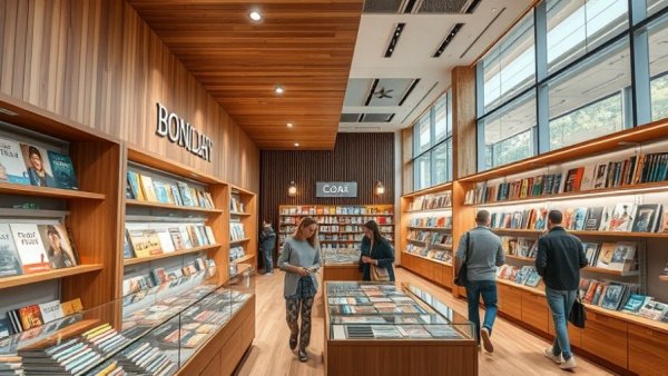 Modern bookstore with people exploring, wooden design, in 2026 retail strategy.