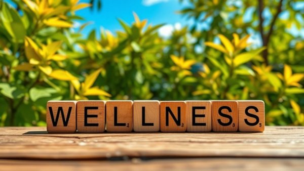Wooden cubes spelling 'WELLNESS' in nature for sustainable healthy habits.