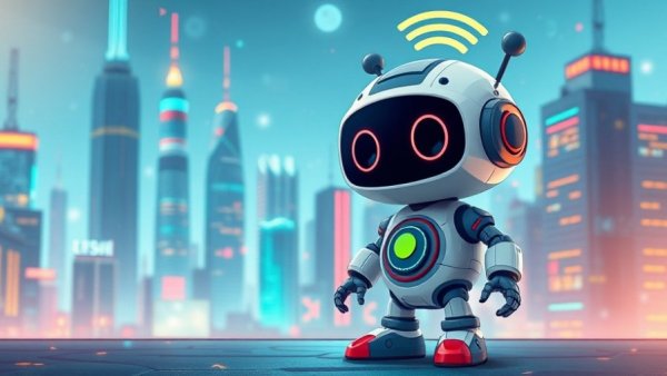 Cartoon robot with Wi-Fi signals in digital cityscape highlighting Wi-Fi risks