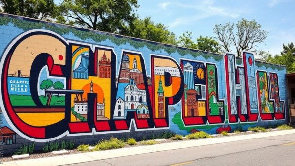 Colorful Chapel Hill mural showcasing local landmarks.