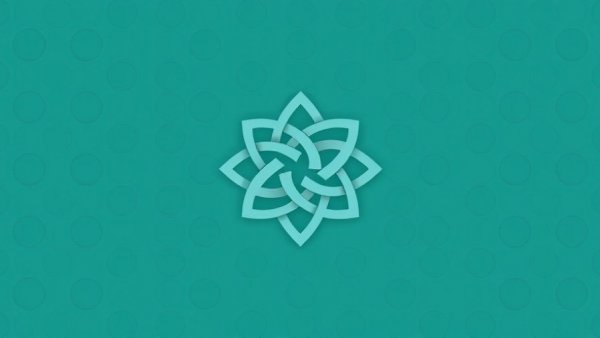 Geometric abstract design in teal with a central logo for practical adoption of AI.