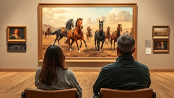 Museum visitors observe Western art painting in Oklahoma City travel guide.