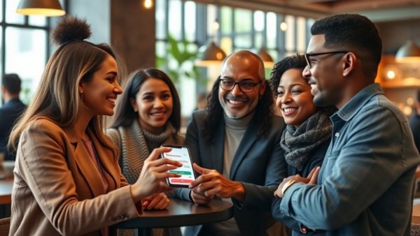 Diverse professionals discuss customer loyalty programs in a modern cafe.