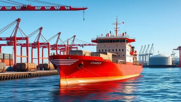 Chevron Venezuela Dilemma: Red cargo ship at industrial port.