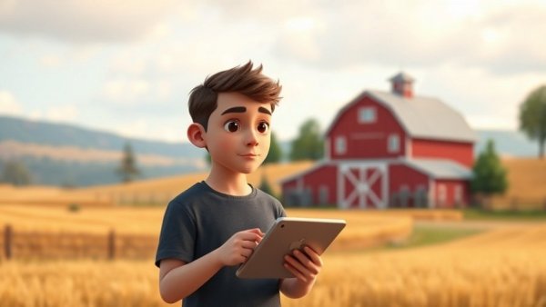 Illustration of person on train with farm view, Future of Rural Work theme.