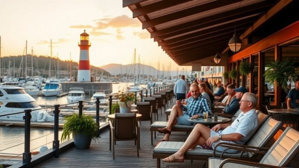 Sunset view at a marina with lighthouse, Best Towns to Stay in Connecticut.