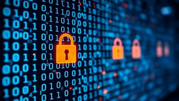 Futuristic digital locks and binary code, representing HIPAA security compliance updates.