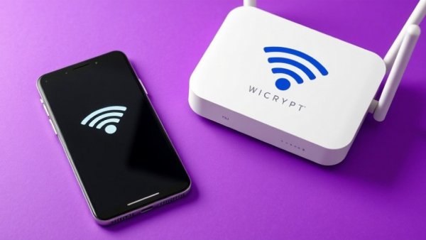 Smartphone and router with Wicrypt branding on purple background.