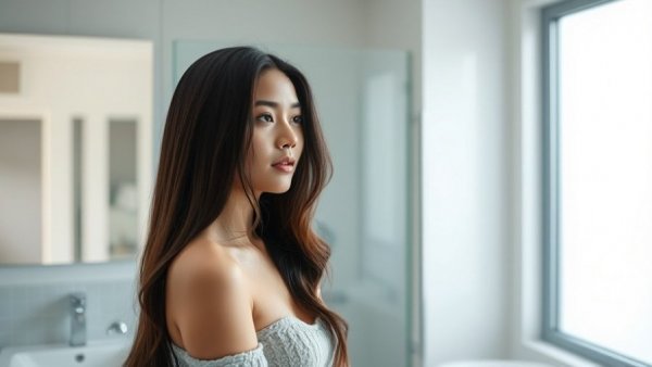 Young woman reflecting in bathroom mirror, serene expression.