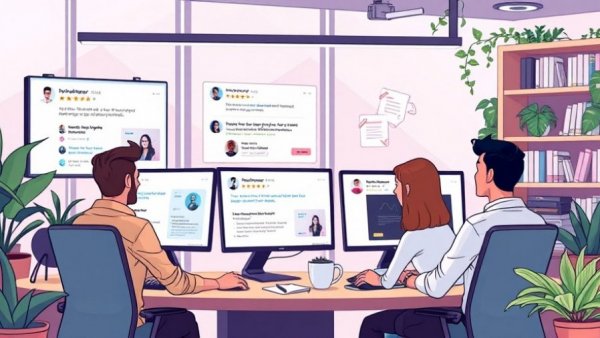 Cartoon style office with employees managing online reviews on digital platforms.