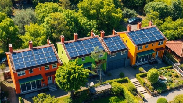 Cloover investment in green homes; solar panels on eco-friendly houses.