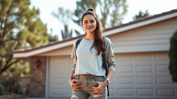 Confident young woman standing in front of a suburban garage.