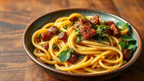 Rustic pasta dish on wooden table for Pay What You Will Tuesdays Austin.