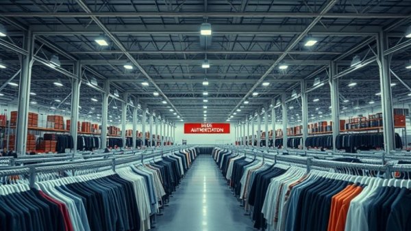 Warehouse with AI luxury authentication technology setup.