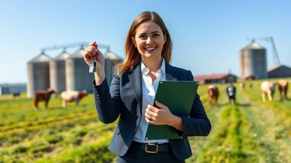 Smiling woman with 'FOR SALE' sign on farm highlighting real estate farming.